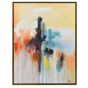 yellow, blue, orange abstract wall art in frame