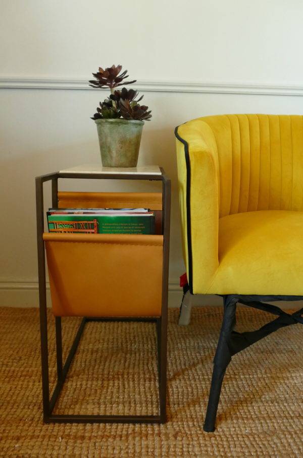 arlo side table and yellow velvet chair sold by stagers lifestyle